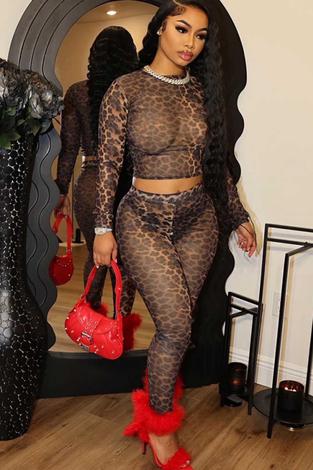 Mesh Long-sleeved Round Neck Top See-through Navel-baring Leopard Print Pants Suit