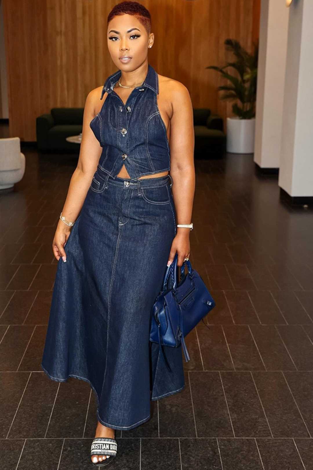 Midriff-baring Backless Washed Street Denim Skirt Suit