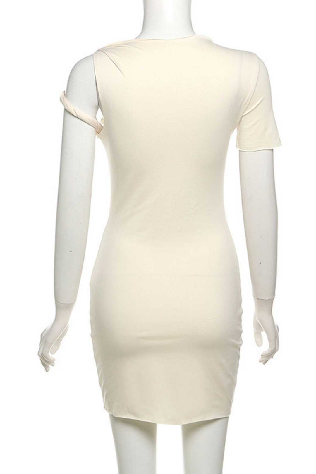 Mini Slanted Shoulder Short-sleeved Solid Color Slim Sexy Hip-hugging Dress