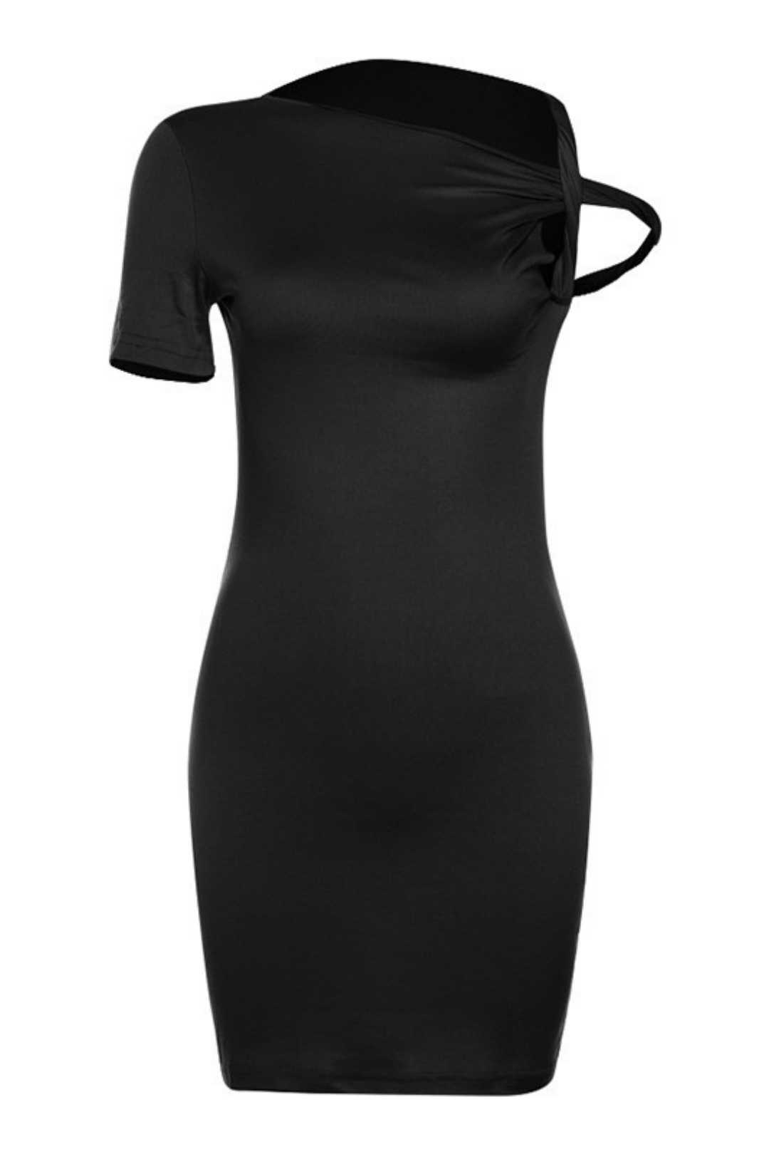 Mini Slanted Shoulder Short-sleeved Solid Color Slim Sexy Hip-hugging Dress