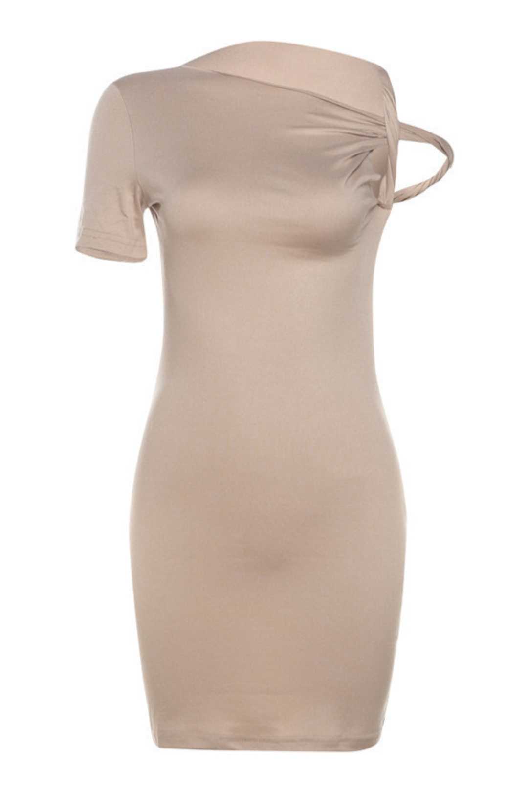 Mini Slanted Shoulder Short-sleeved Solid Color Slim Sexy Hip-hugging Dress