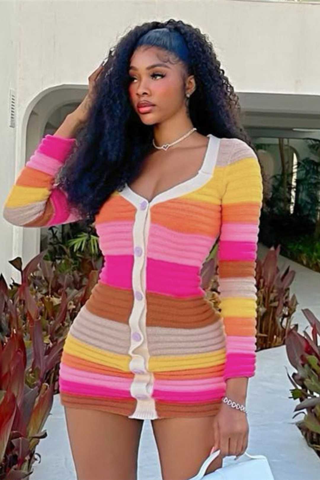 Color-blocked Knitted Buttoned Long-sleeved Slim Hip-hugging Dress