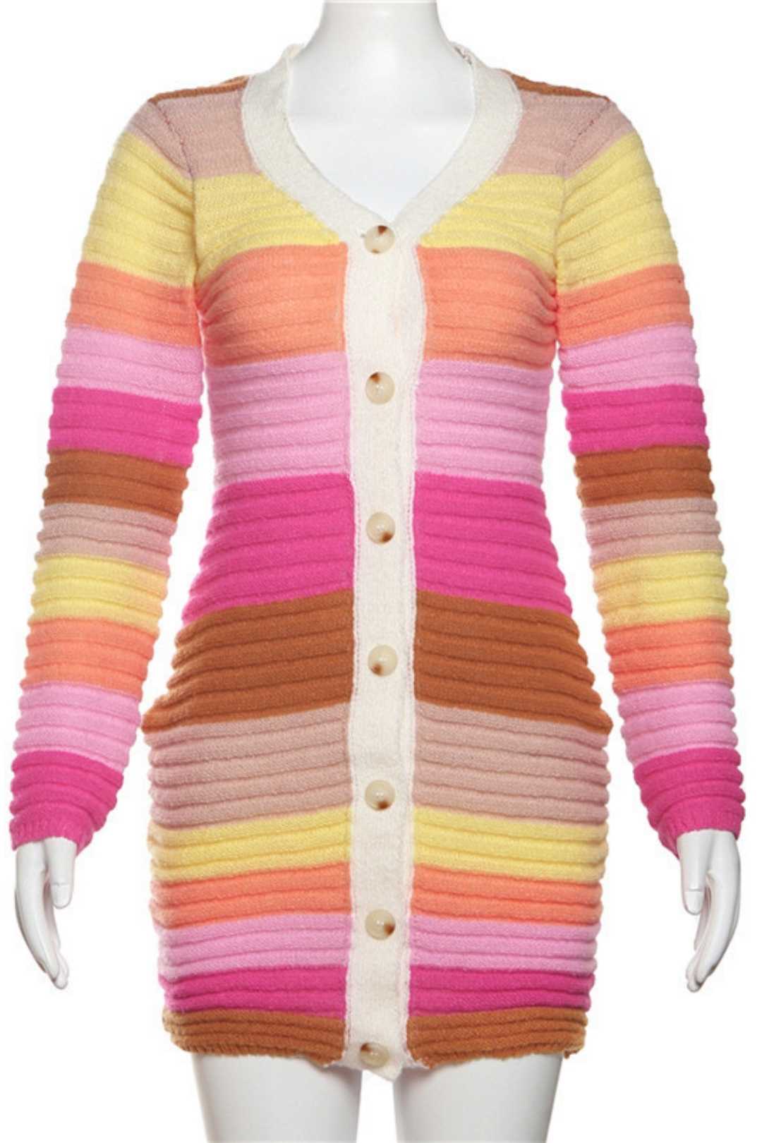 Color-blocked Knitted Buttoned Long-sleeved Slim Hip-hugging Dress