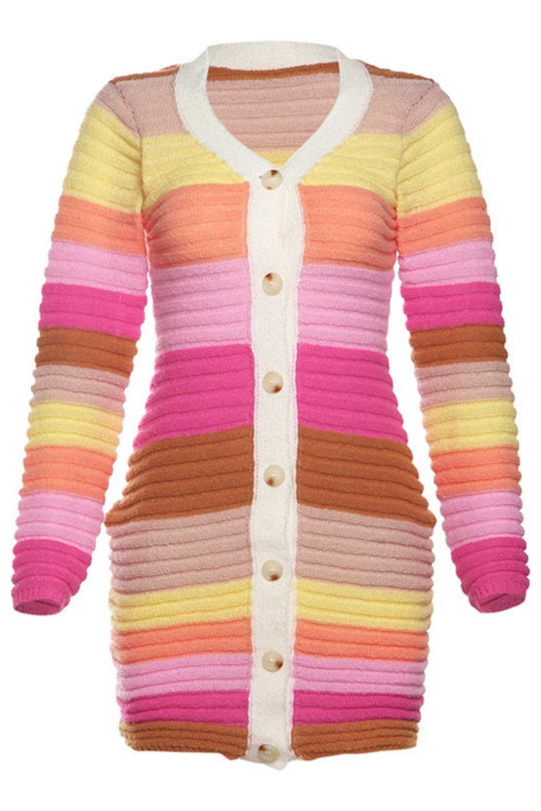 Color-blocked Knitted Buttoned Long-sleeved Slim Hip-hugging Dress