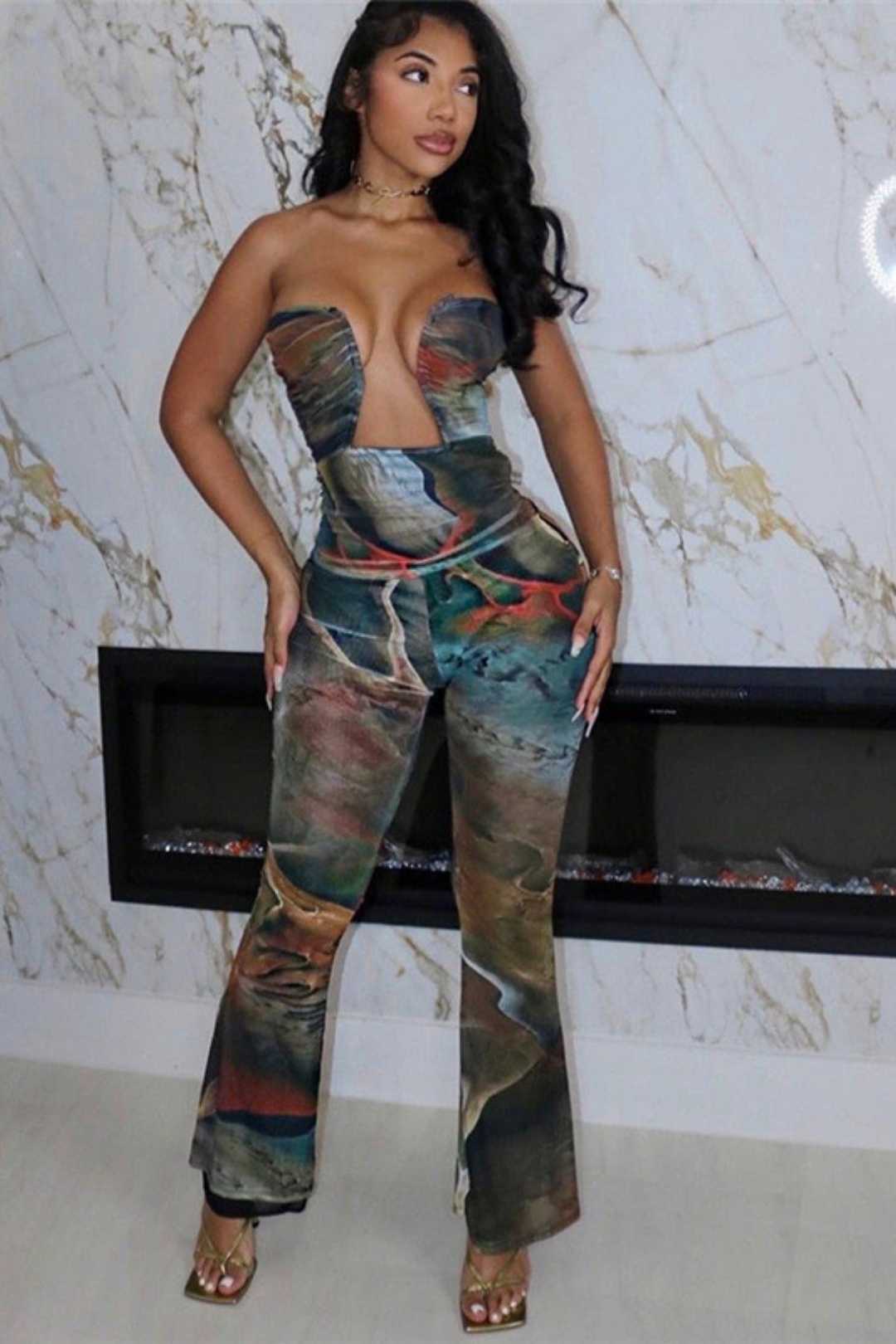 Sexy Tube Top And Backless Abstract Printed High-waisted Long Jumpsuit