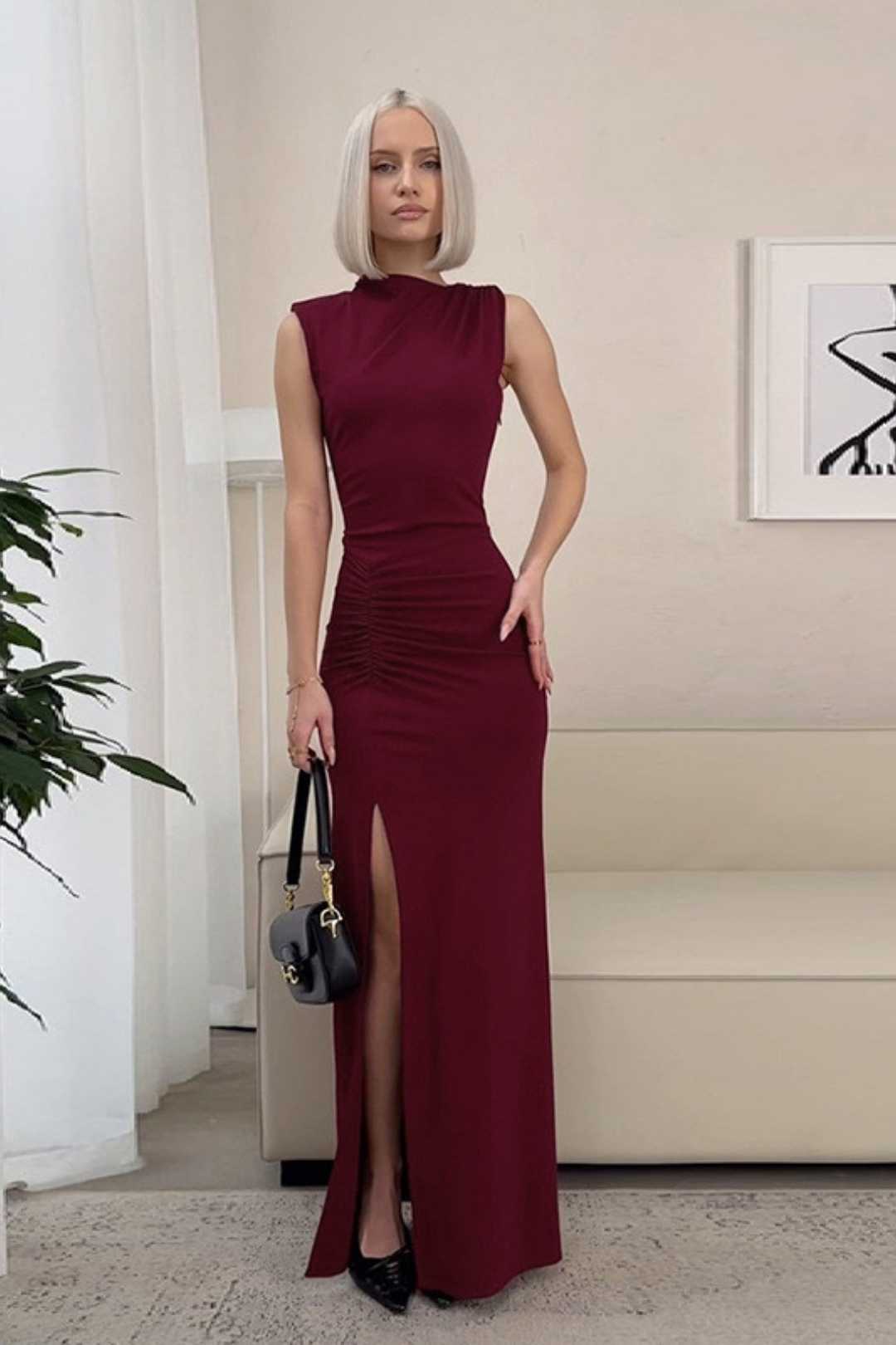 Round Neck Slim Solid Color Slit Dress