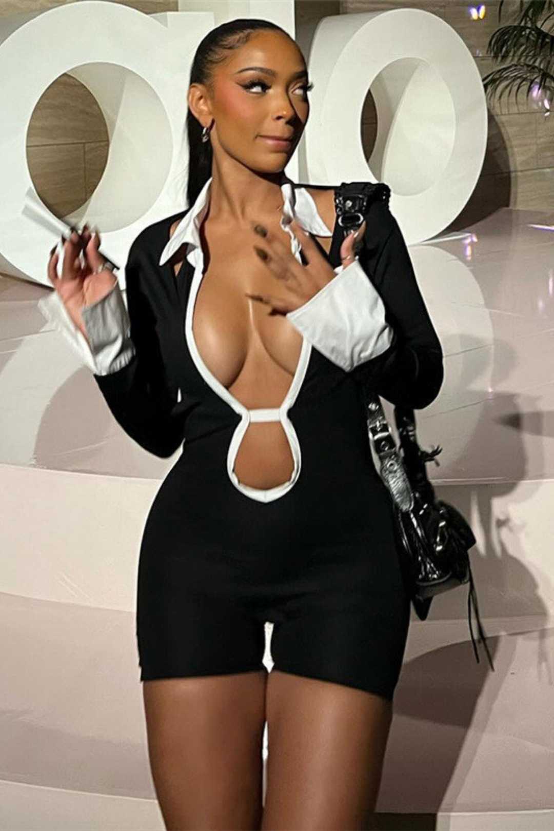 Backless Contrasting Color Slim Romper