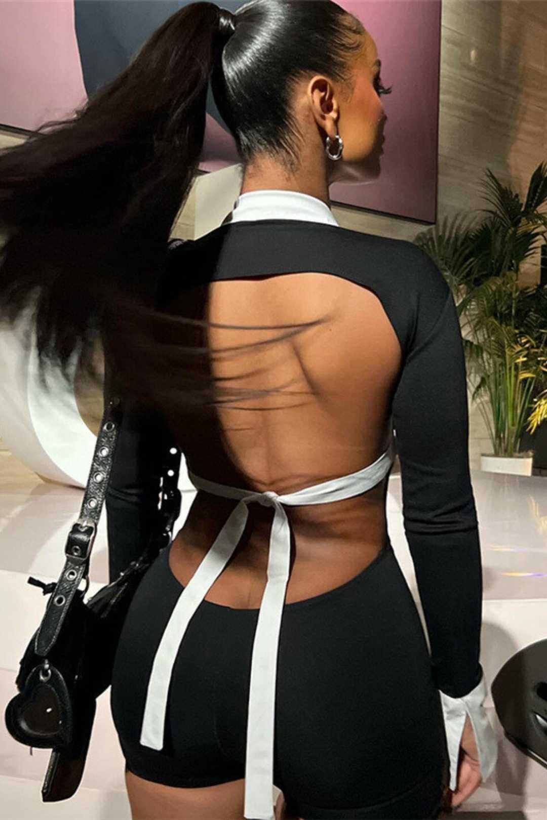 Backless Contrasting Color Slim Romper