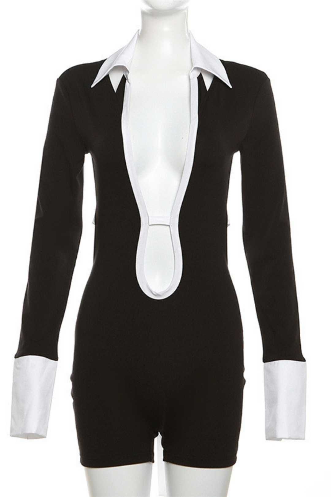 Backless Contrasting Color Slim Romper