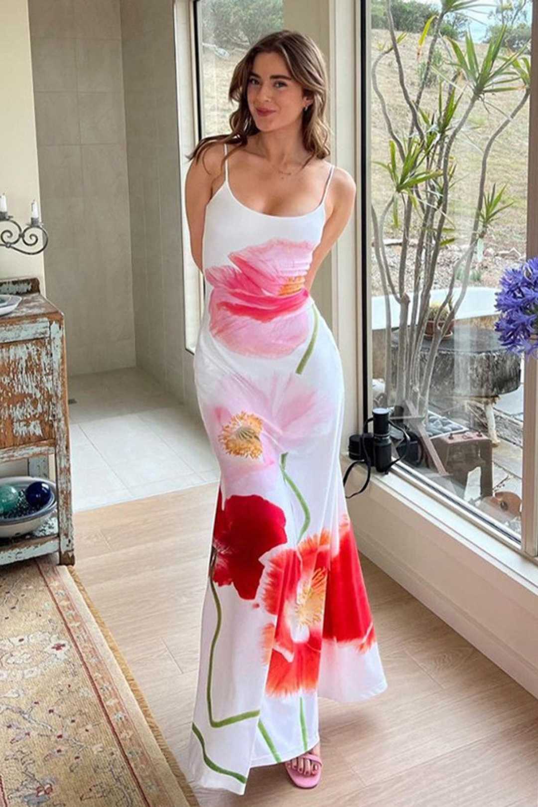 Suspender Backless Flower Print Sexy Long Dress