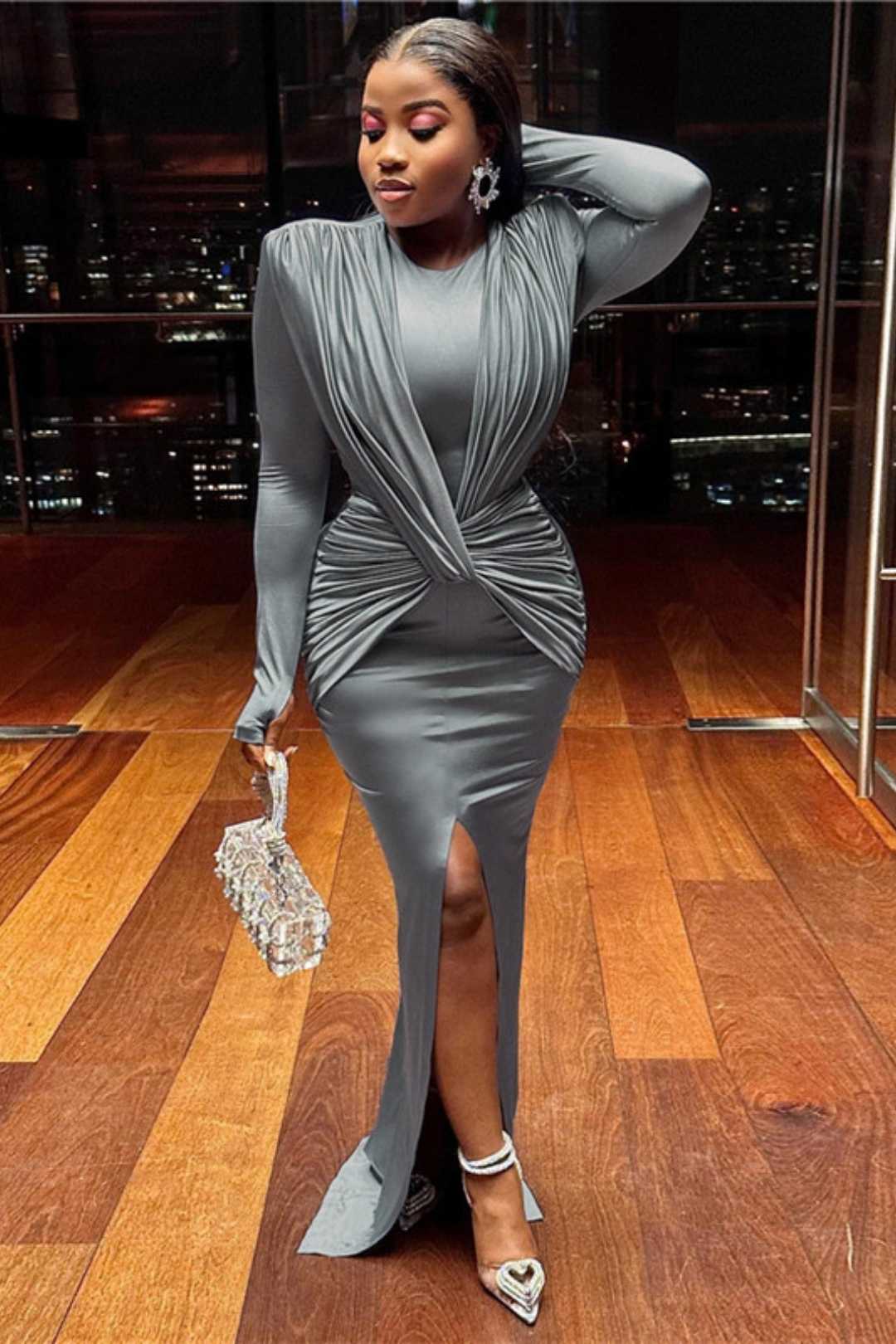 Round Neck Long-sleeved Slim Slit Dress