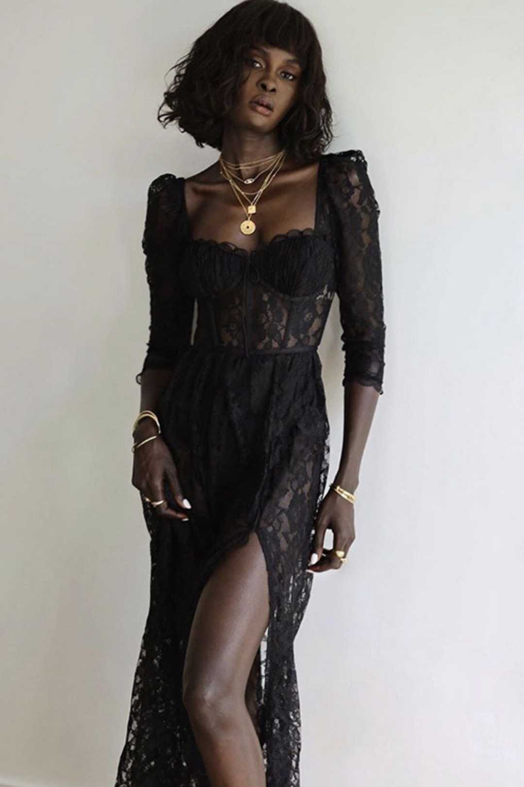 See-through Lace Square Neck Nine-quarter Sleeves Dress