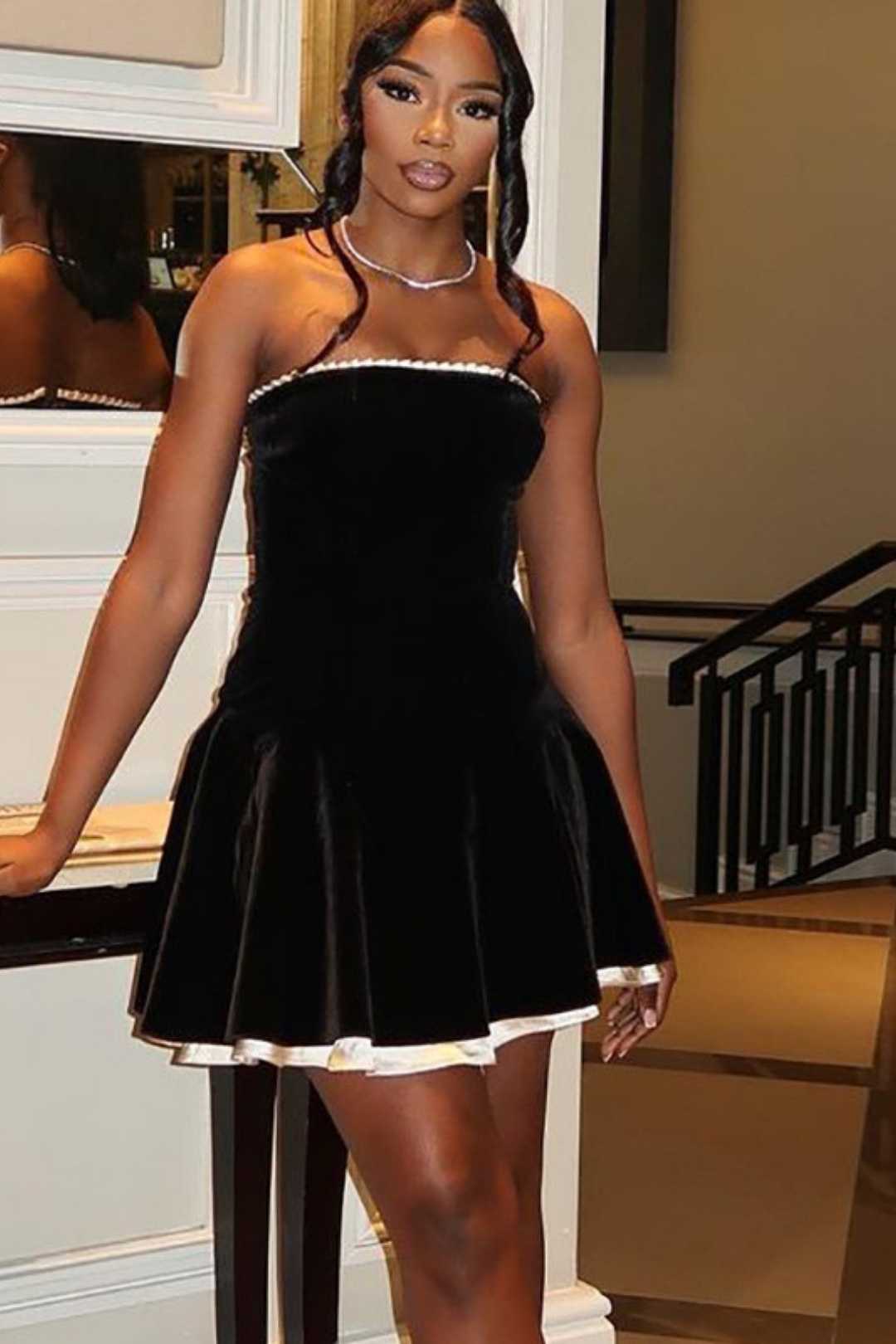 Suede Patchwork Ruffled Chest Wrap Pleated Princess Dress