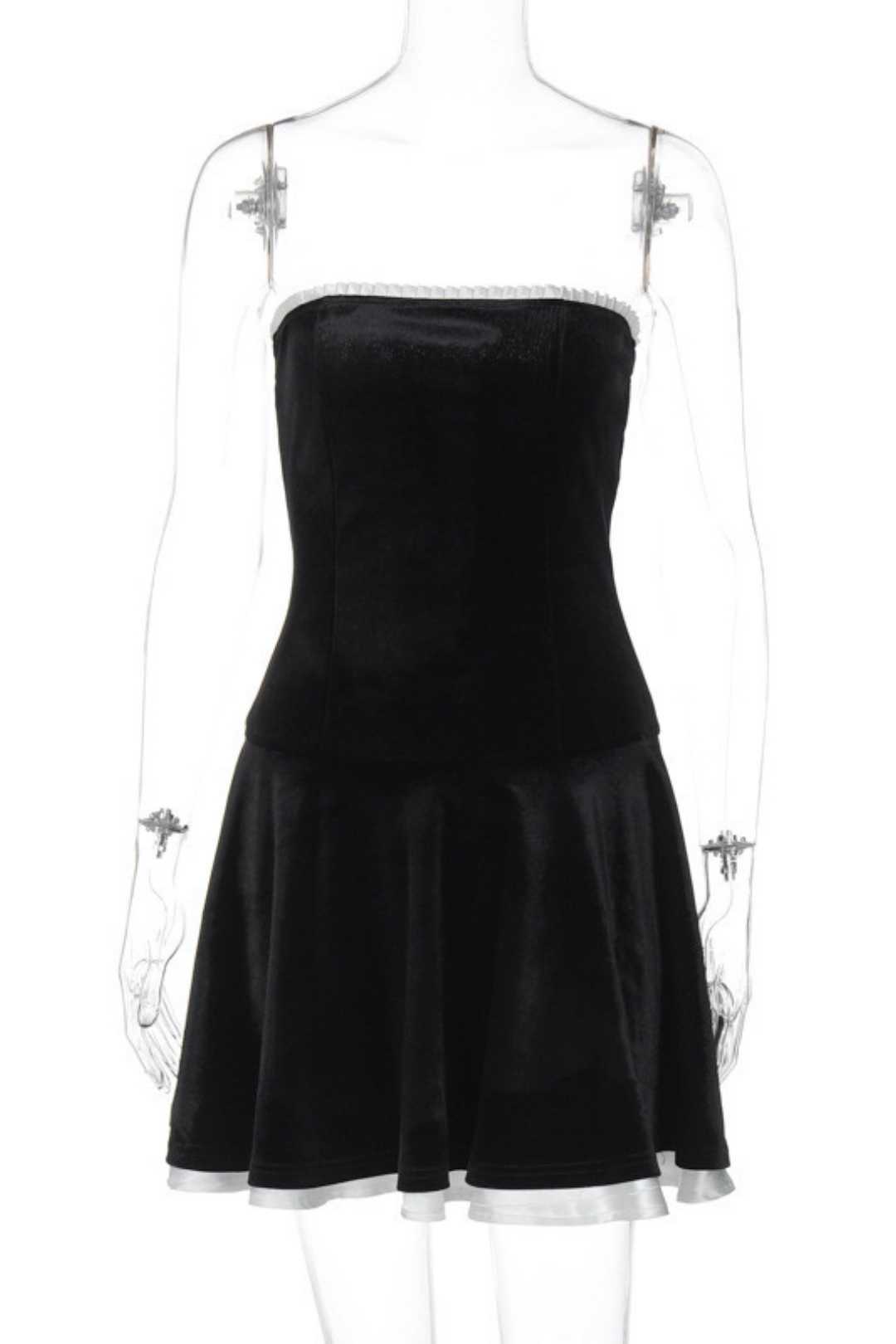 Suede Patchwork Ruffled Chest Wrap Pleated Princess Dress