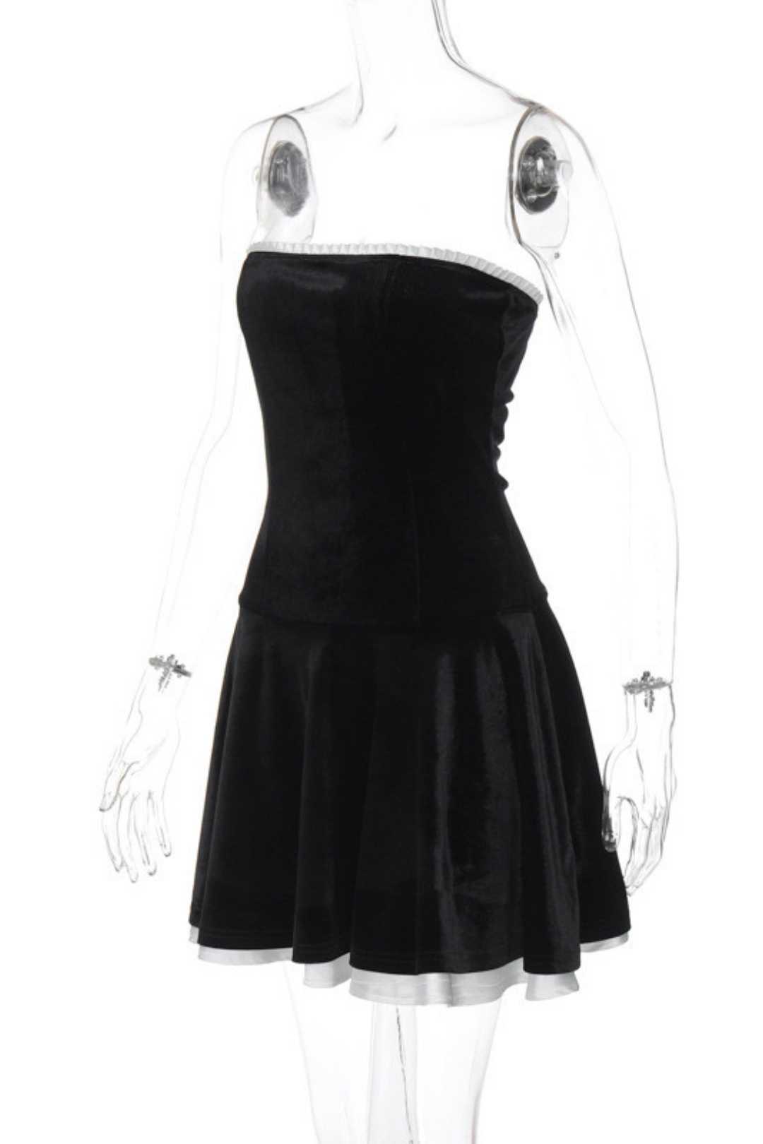 Suede Patchwork Ruffled Chest Wrap Pleated Princess Dress