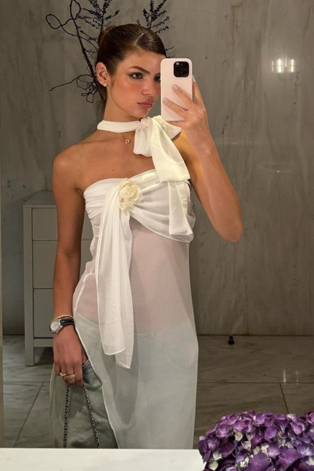 One-shoulder Scarf Bow Tube Top See-through Irregular Dress