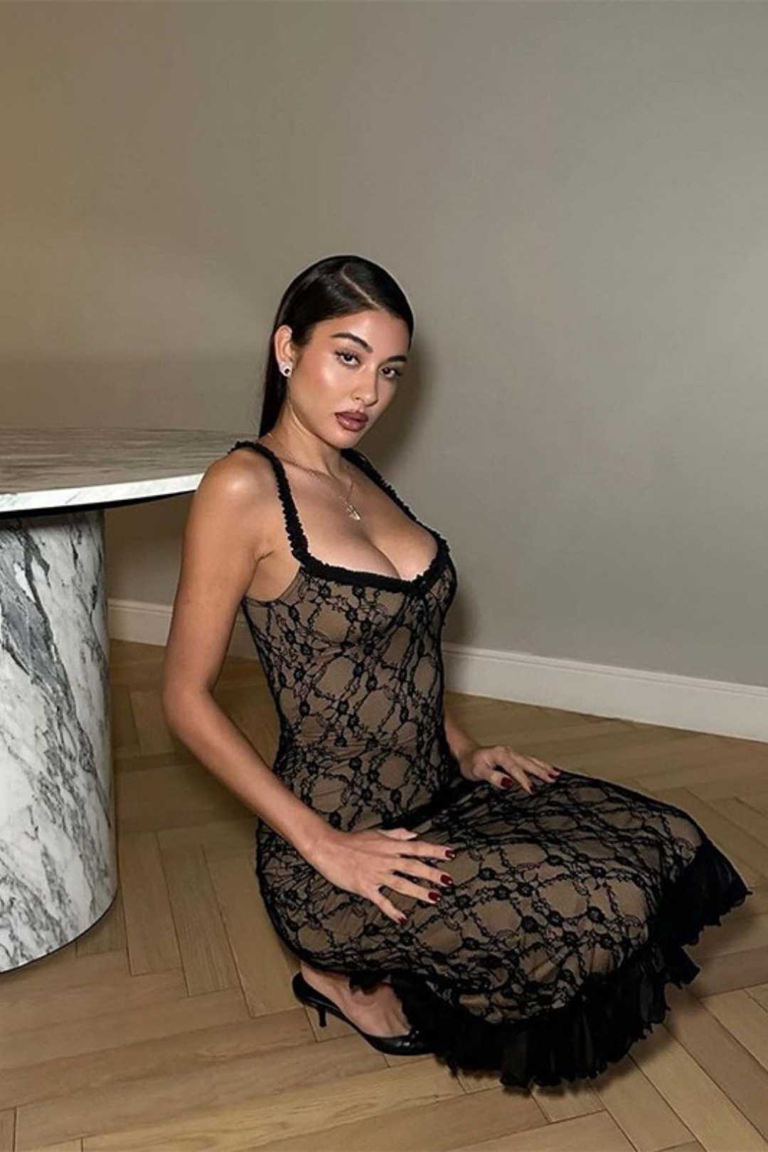 Ment Lace Mesh Splicing Suspender Dress