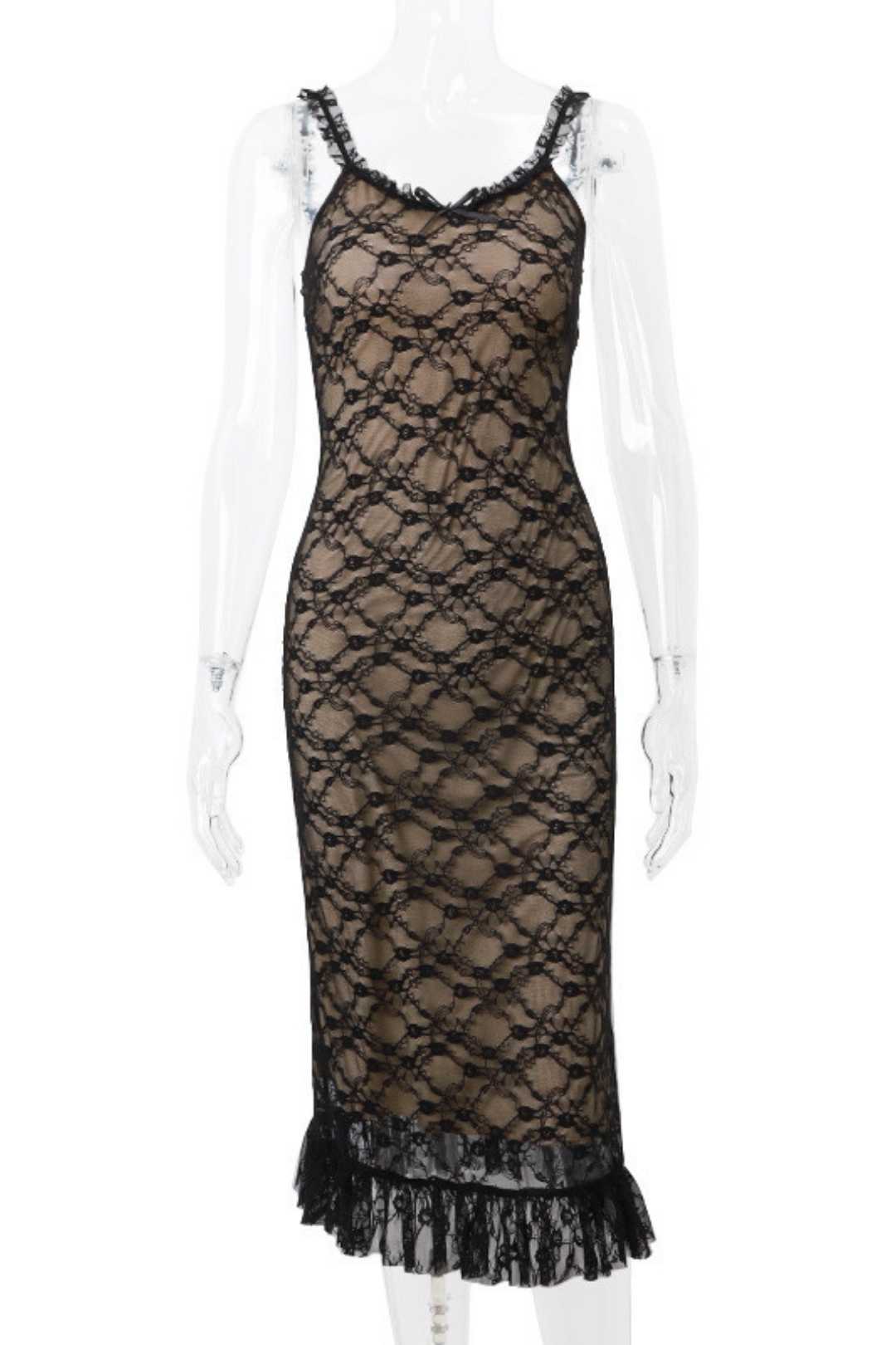 Ment Lace Mesh Splicing Suspender Dress