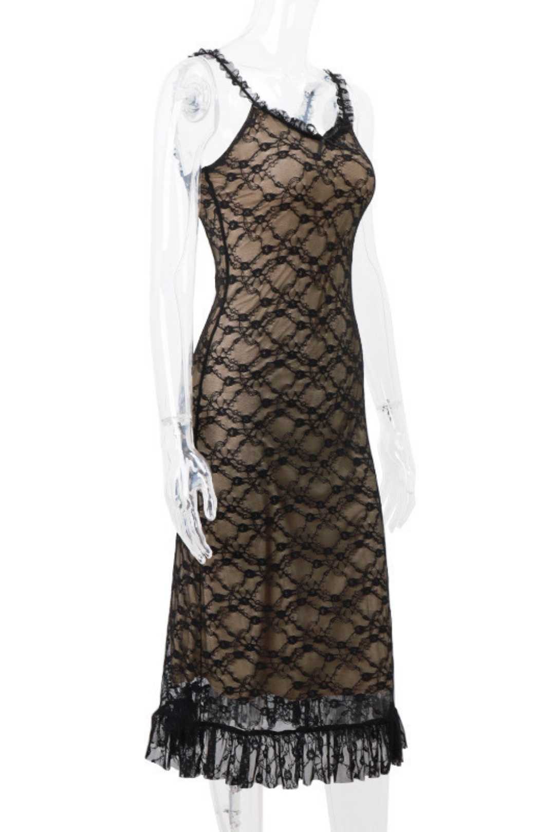 Ment Lace Mesh Splicing Suspender Dress