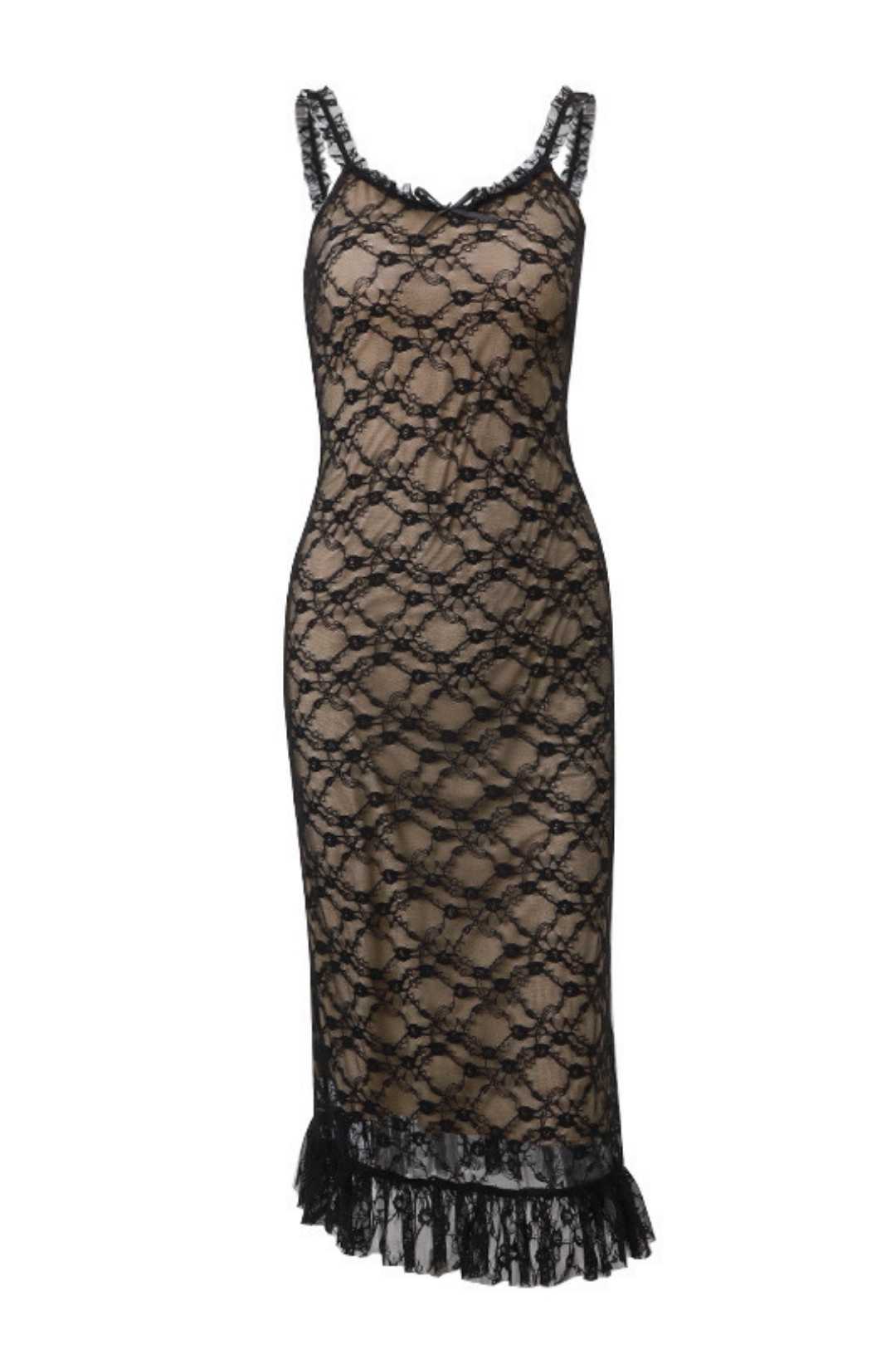 Ment Lace Mesh Splicing Suspender Dress