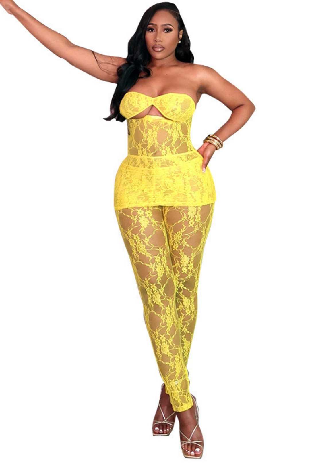 Lace Wrapped Short Skirt, Slim Trousers Suit