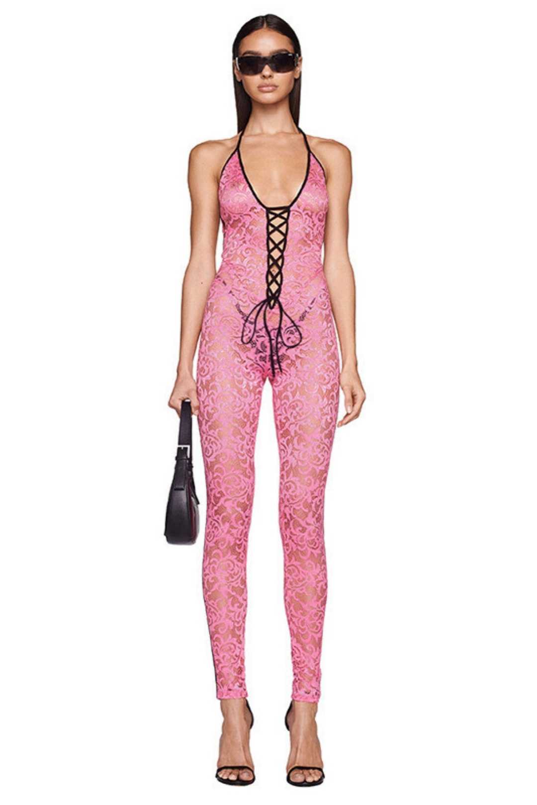 Halter Neck Straps Lace Backless High Waist Slim Fit Jumpsuit