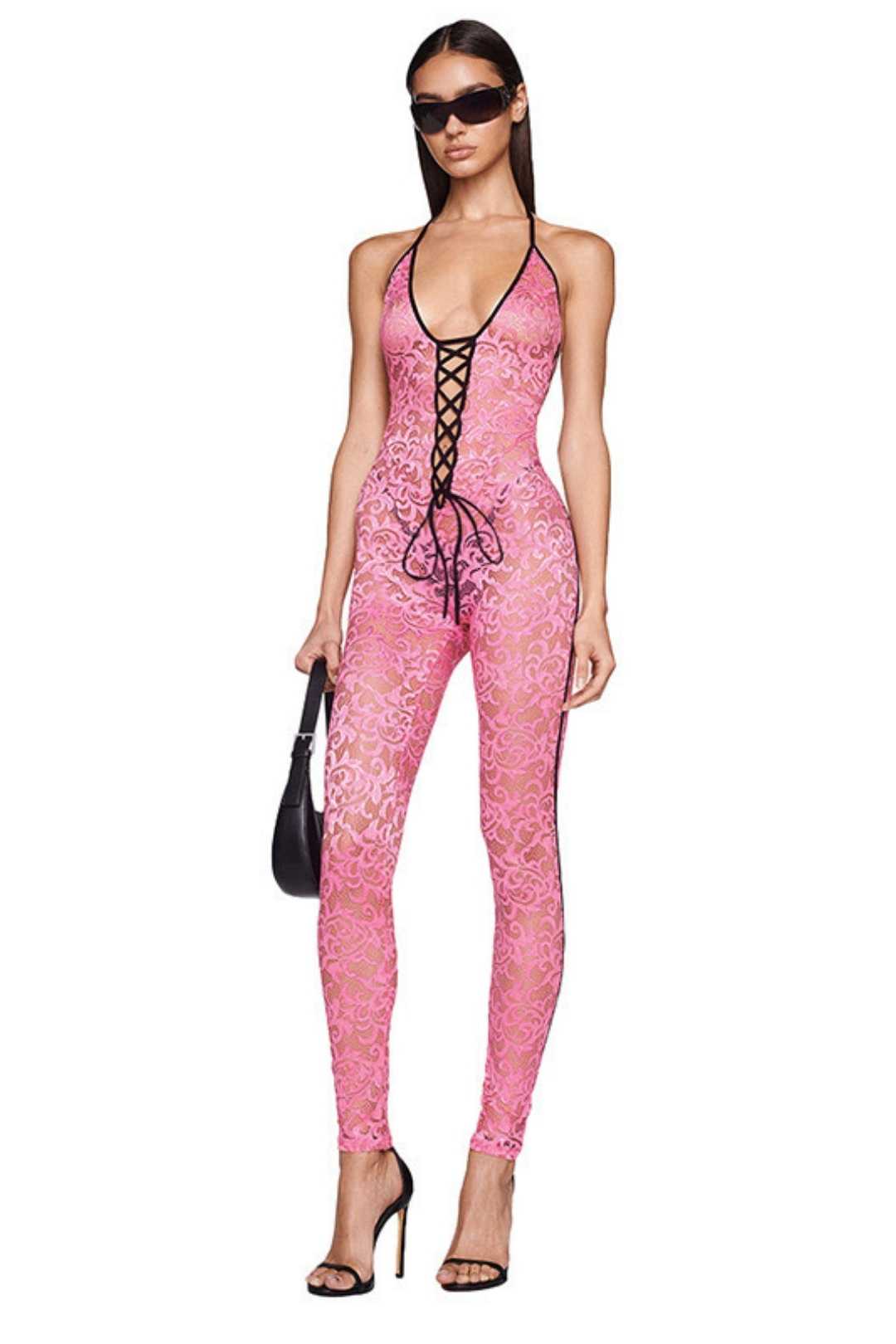 Halter Neck Straps Lace Backless High Waist Slim Fit Jumpsuit