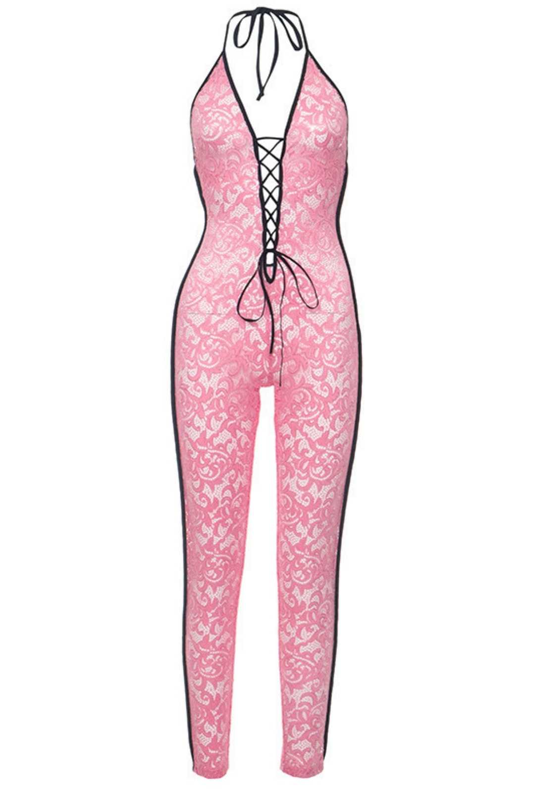 Halter Neck Straps Lace Backless High Waist Slim Fit Jumpsuit