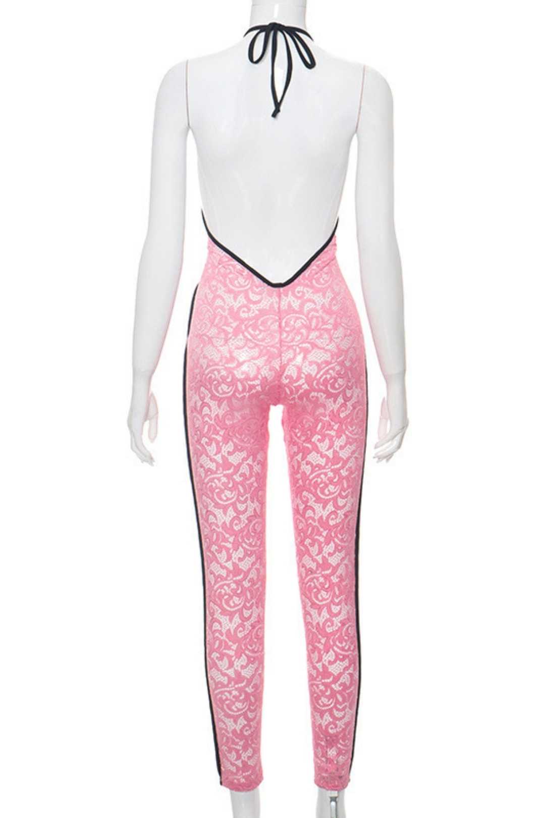 Halter Neck Straps Lace Backless High Waist Slim Fit Jumpsuit