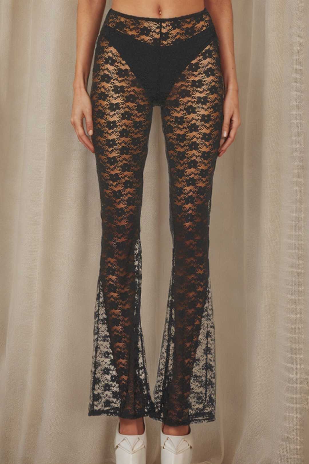 Floral Sexy Lace Pants Versatile High-elastic See-through Casual Trousers