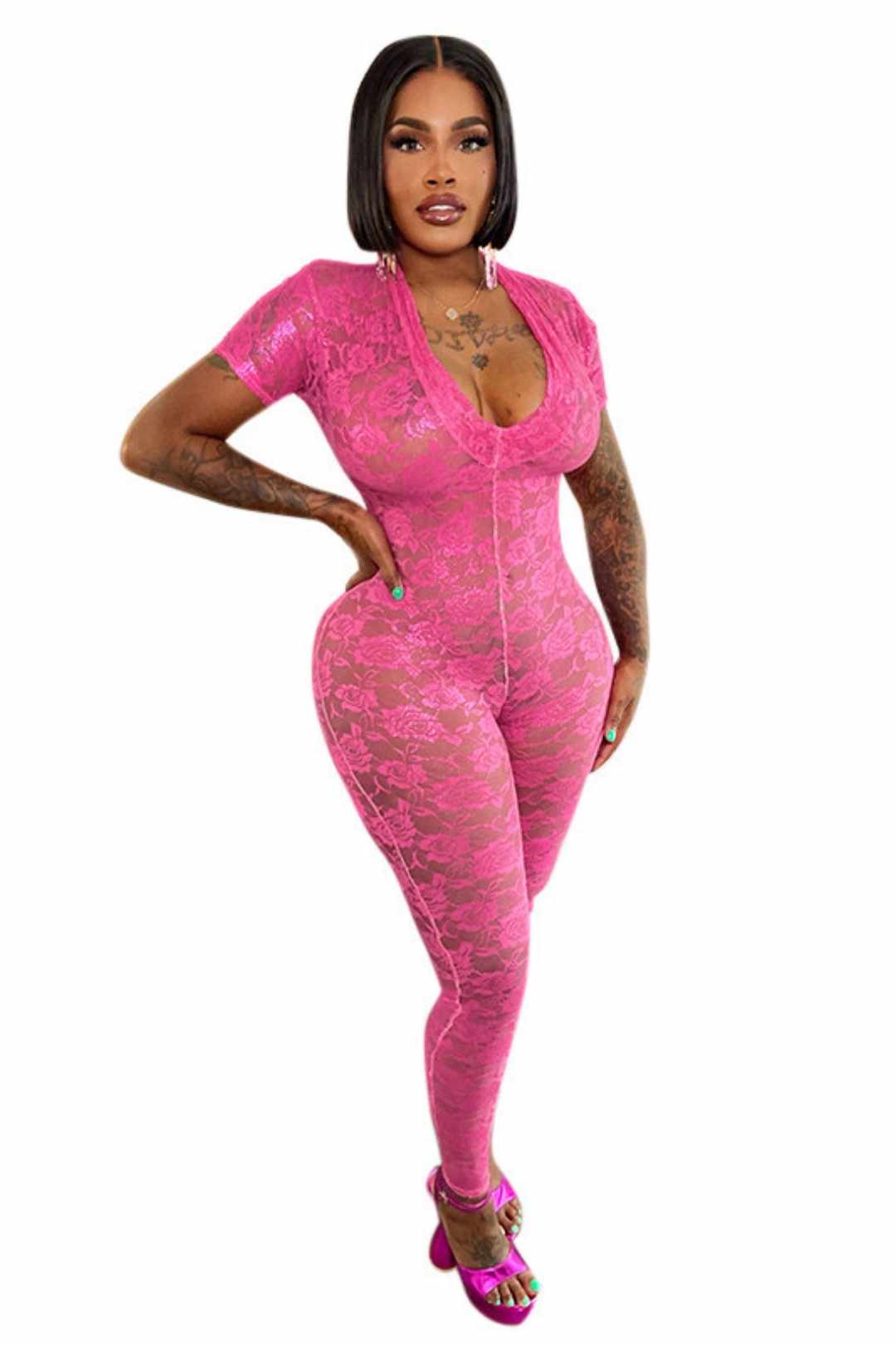 Solid Color Lace Stitching Deep V-neck Short-sleeved Tight Jumpsuit