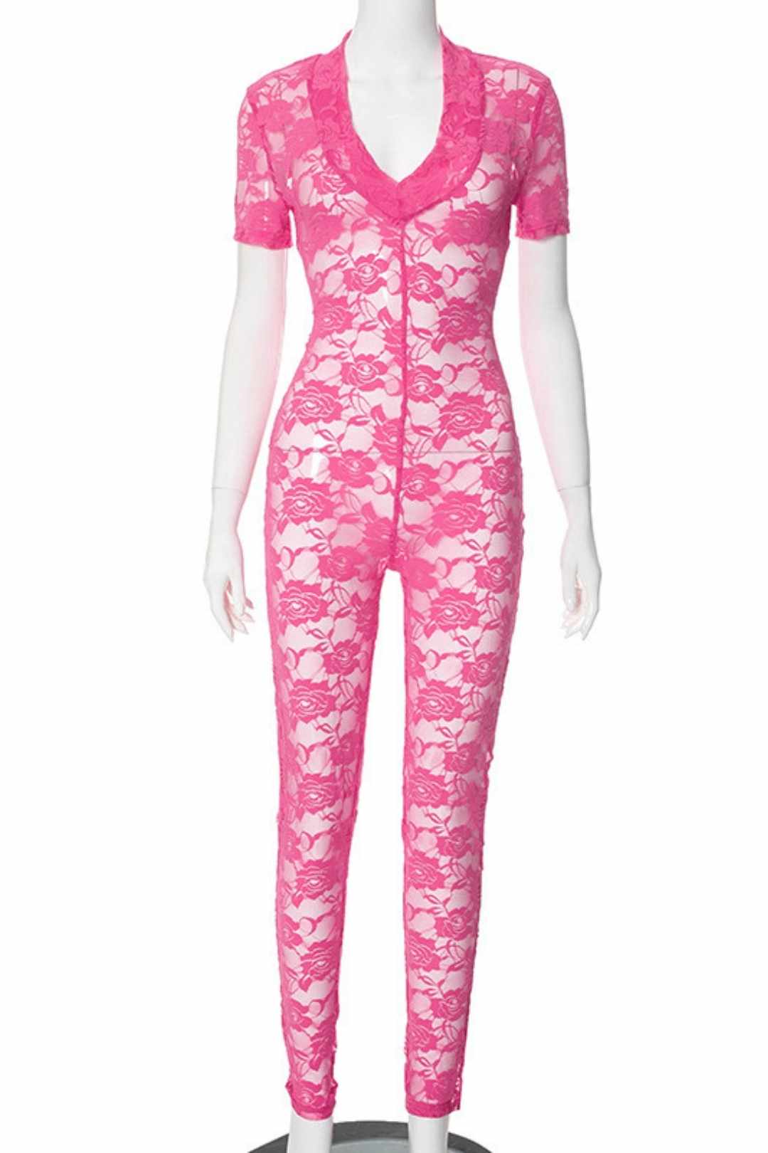 Solid Color Lace Stitching Deep V-neck Short-sleeved Tight Jumpsuit