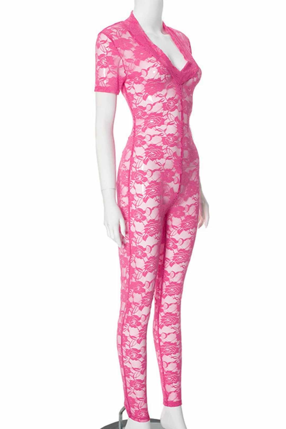 Solid Color Lace Stitching Deep V-neck Short-sleeved Tight Jumpsuit