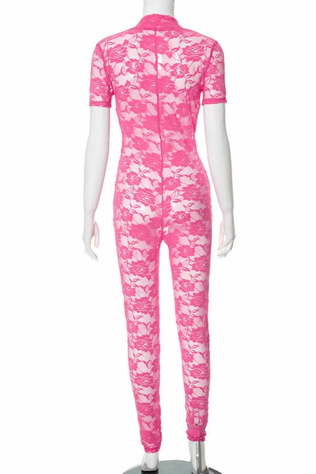 Solid Color Lace Stitching Deep V-neck Short-sleeved Tight Jumpsuit