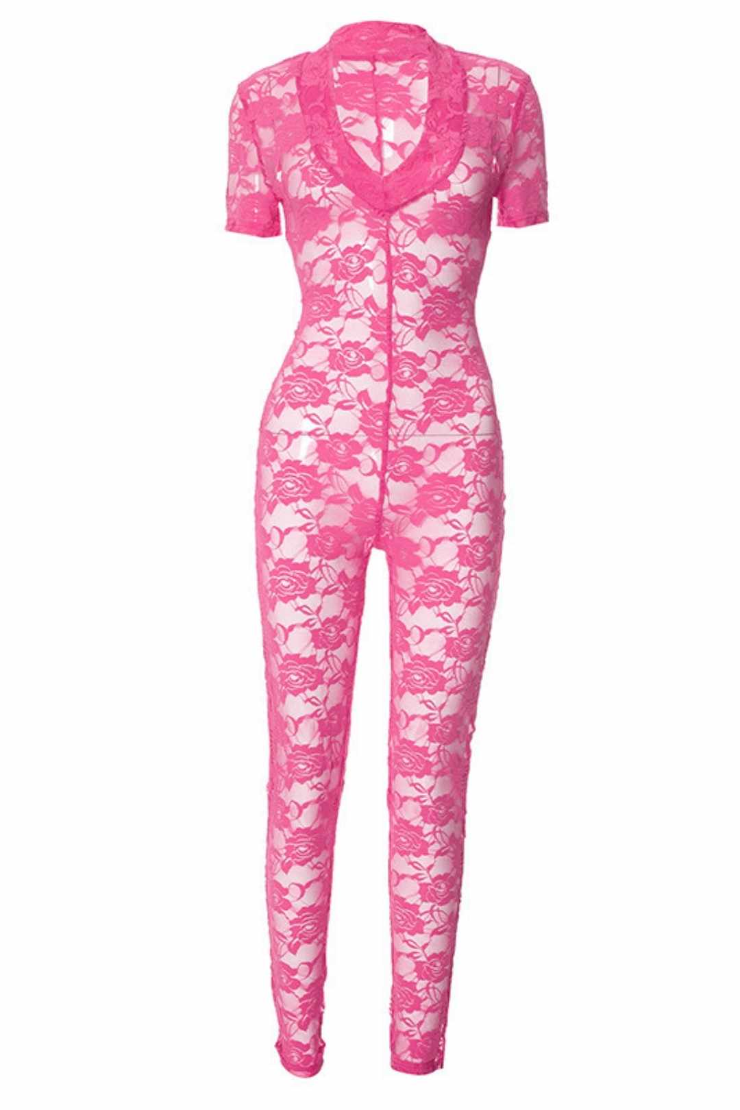 Solid Color Lace Stitching Deep V-neck Short-sleeved Tight Jumpsuit