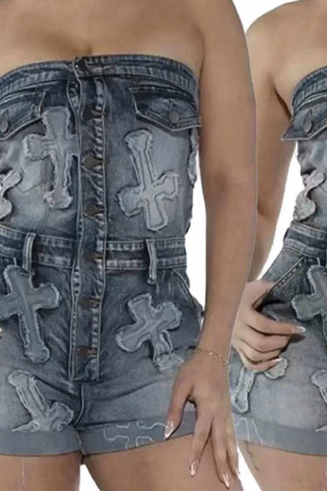 One-shoulder Cross-embroidery Washed And Aged Slim-fitting Jumpsuit 