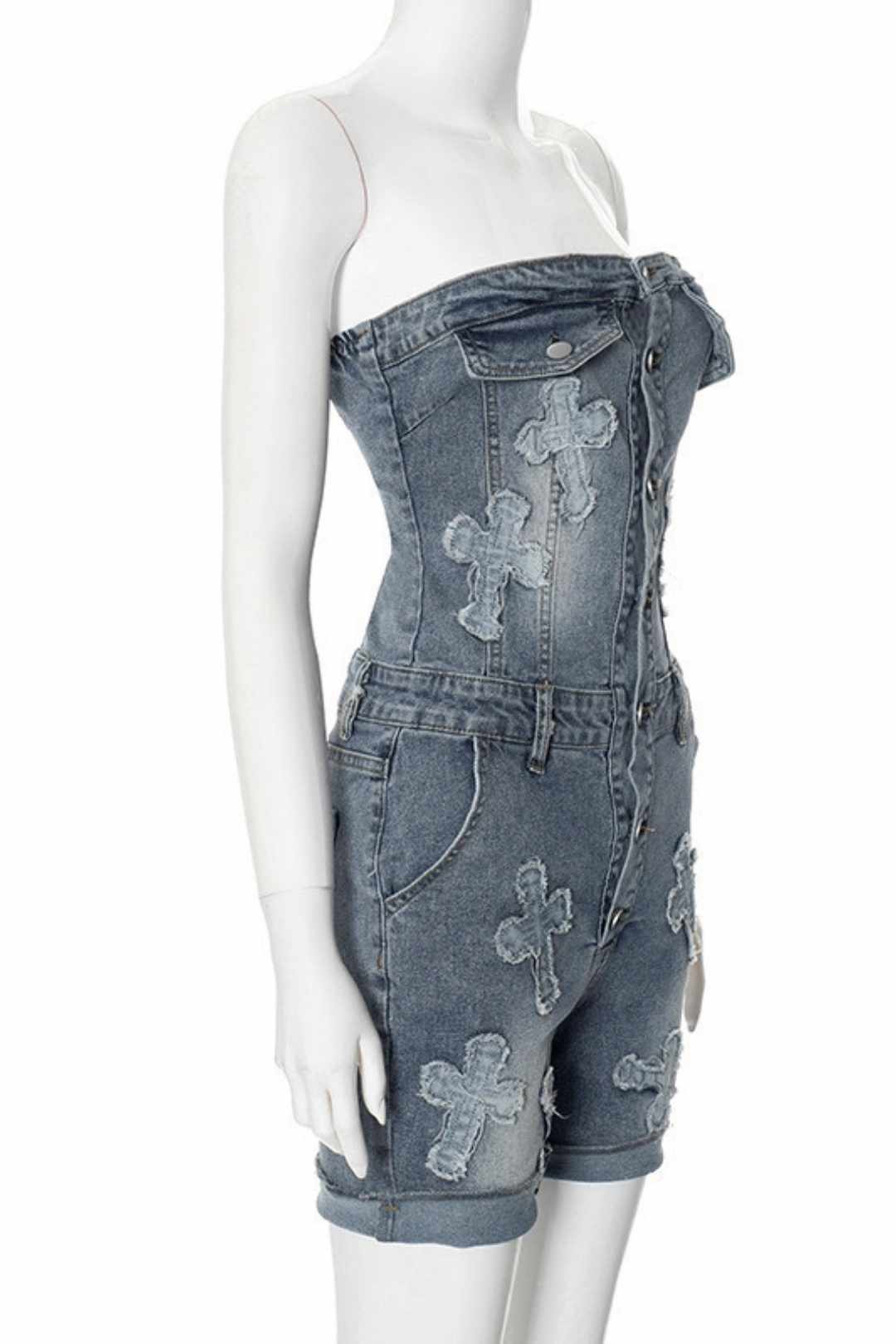 One-shoulder Cross-embroidery Washed And Aged Slim-fitting Jumpsuit 