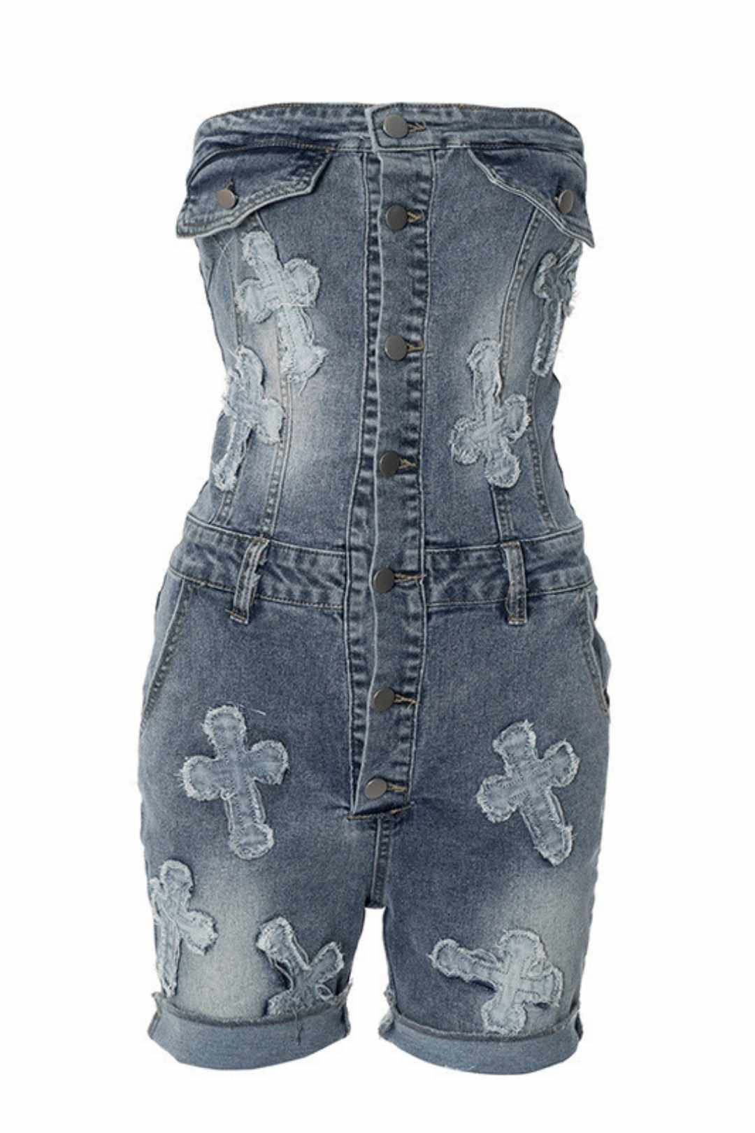 One-shoulder Cross-embroidery Washed And Aged Slim-fitting Jumpsuit 