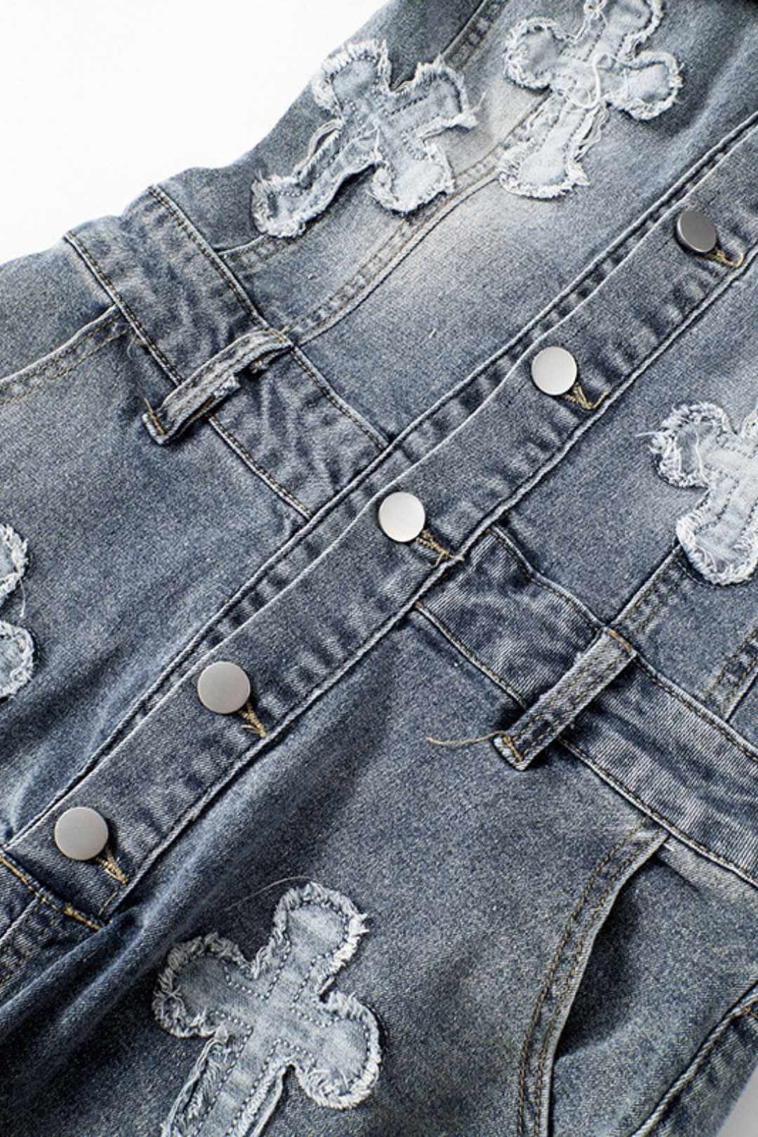 One-shoulder Cross-embroidery Washed And Aged Slim-fitting Jumpsuit 