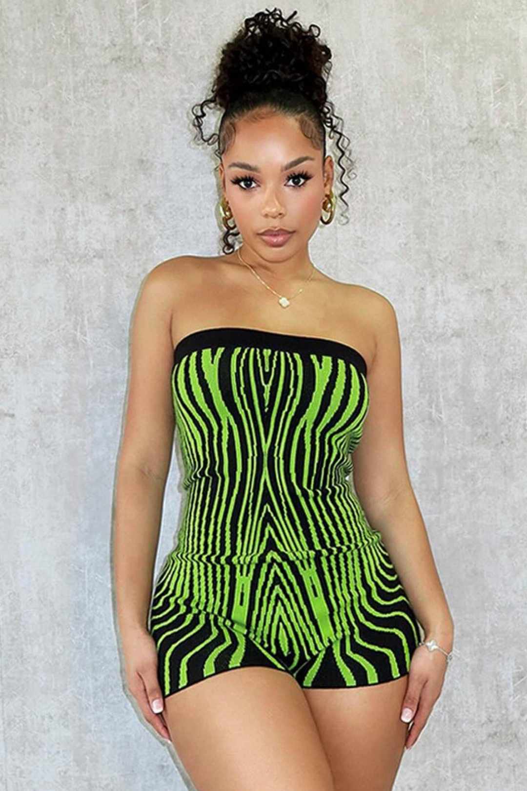 Striped Print Sleeveless One-piece Collar Tube Top Woolen Jumpsuit