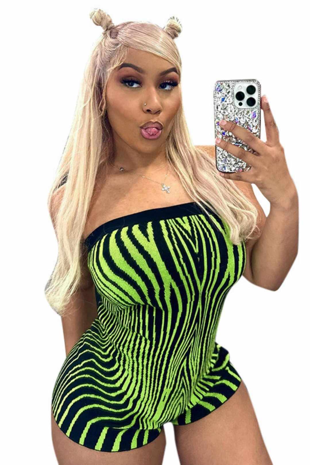 Striped Print Sleeveless One-piece Collar Tube Top Woolen Jumpsuit