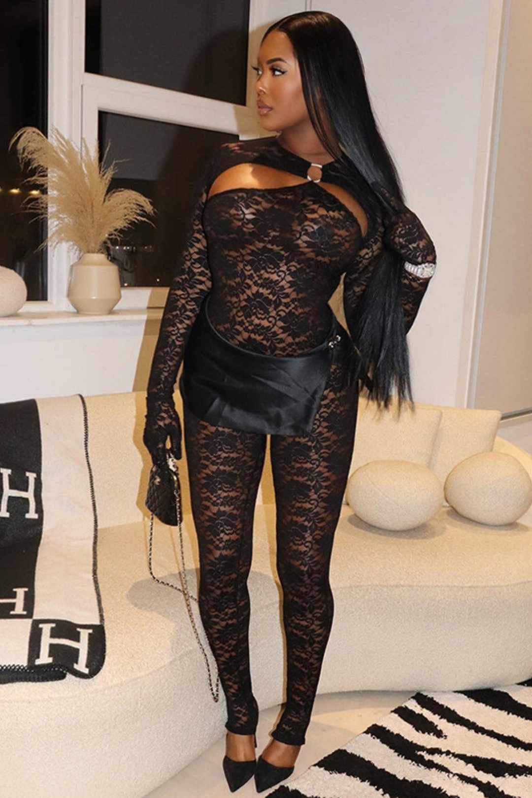 Hollow Jewelry Splicing Long-sleeved Gloves Lace Jumpsuit