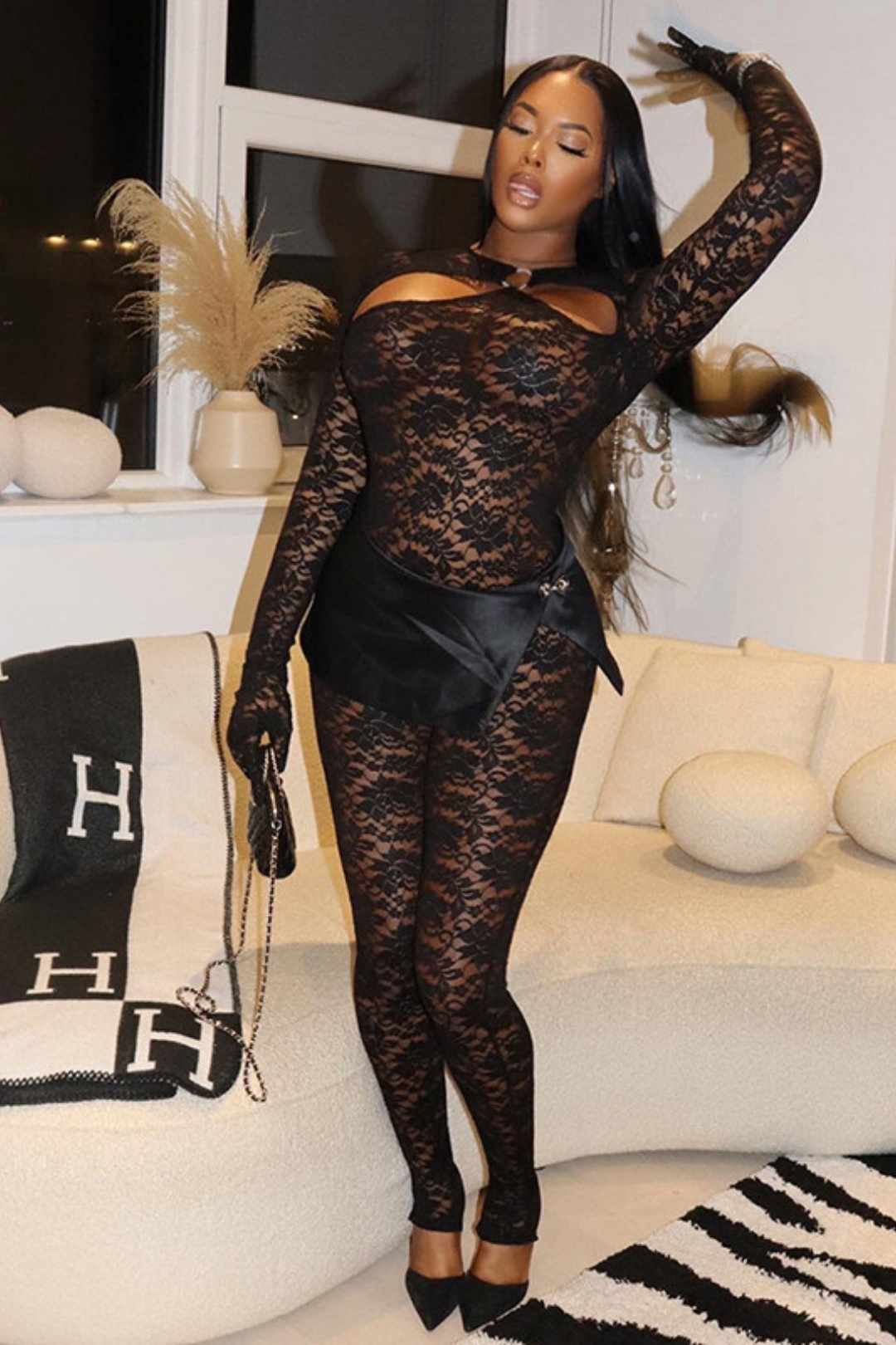 Hollow Jewelry Splicing Long-sleeved Gloves Lace Jumpsuit