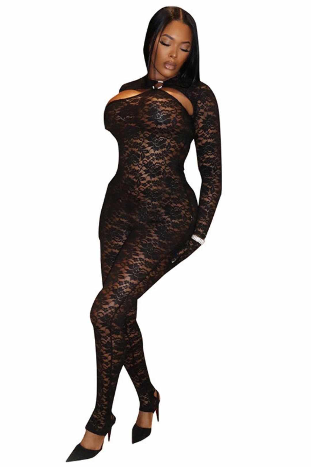 Hollow Jewelry Splicing Long-sleeved Gloves Lace Jumpsuit