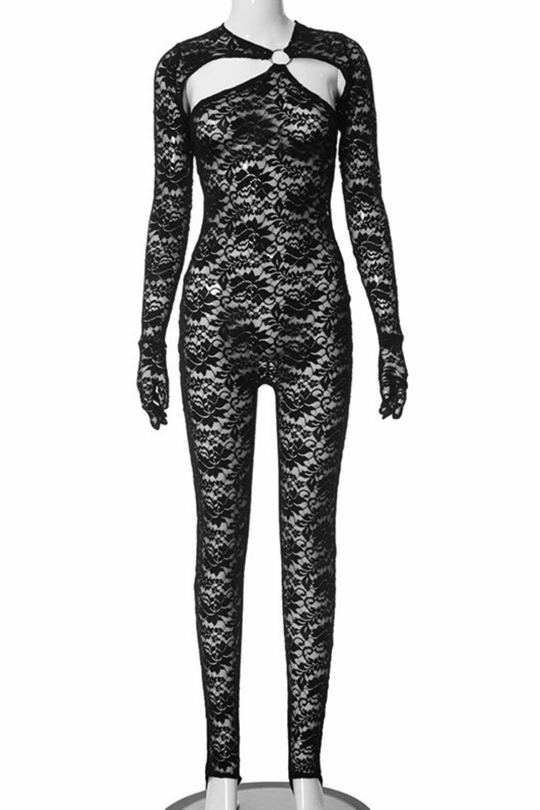 Hollow Jewelry Splicing Long-sleeved Gloves Lace Jumpsuit