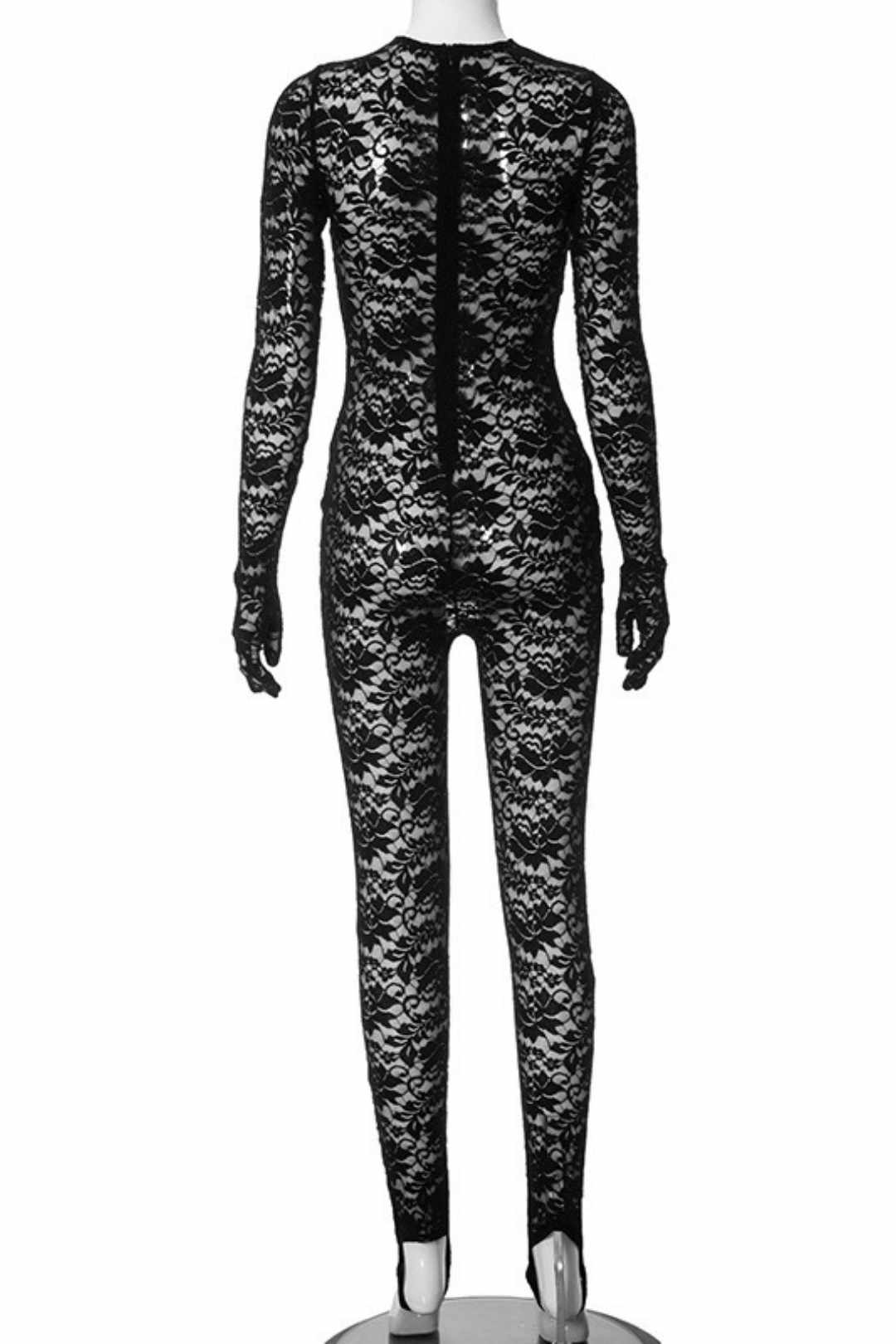 Hollow Jewelry Splicing Long-sleeved Gloves Lace Jumpsuit