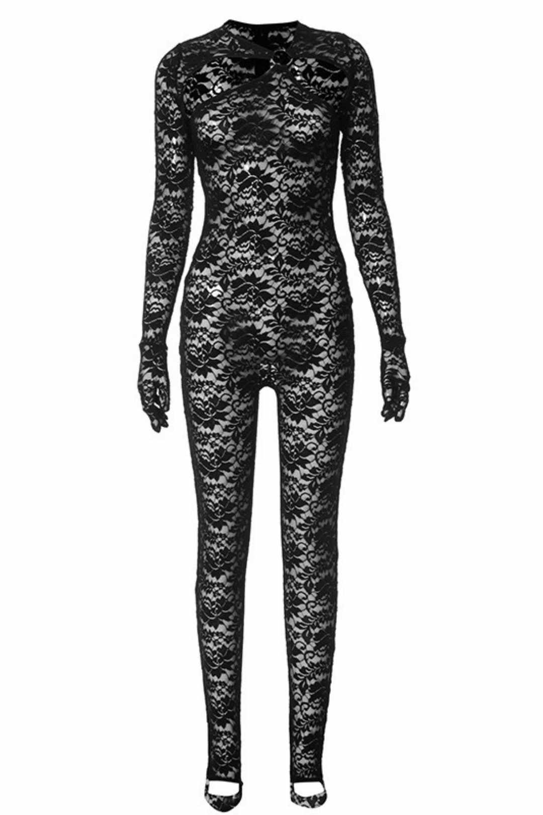 Hollow Jewelry Splicing Long-sleeved Gloves Lace Jumpsuit