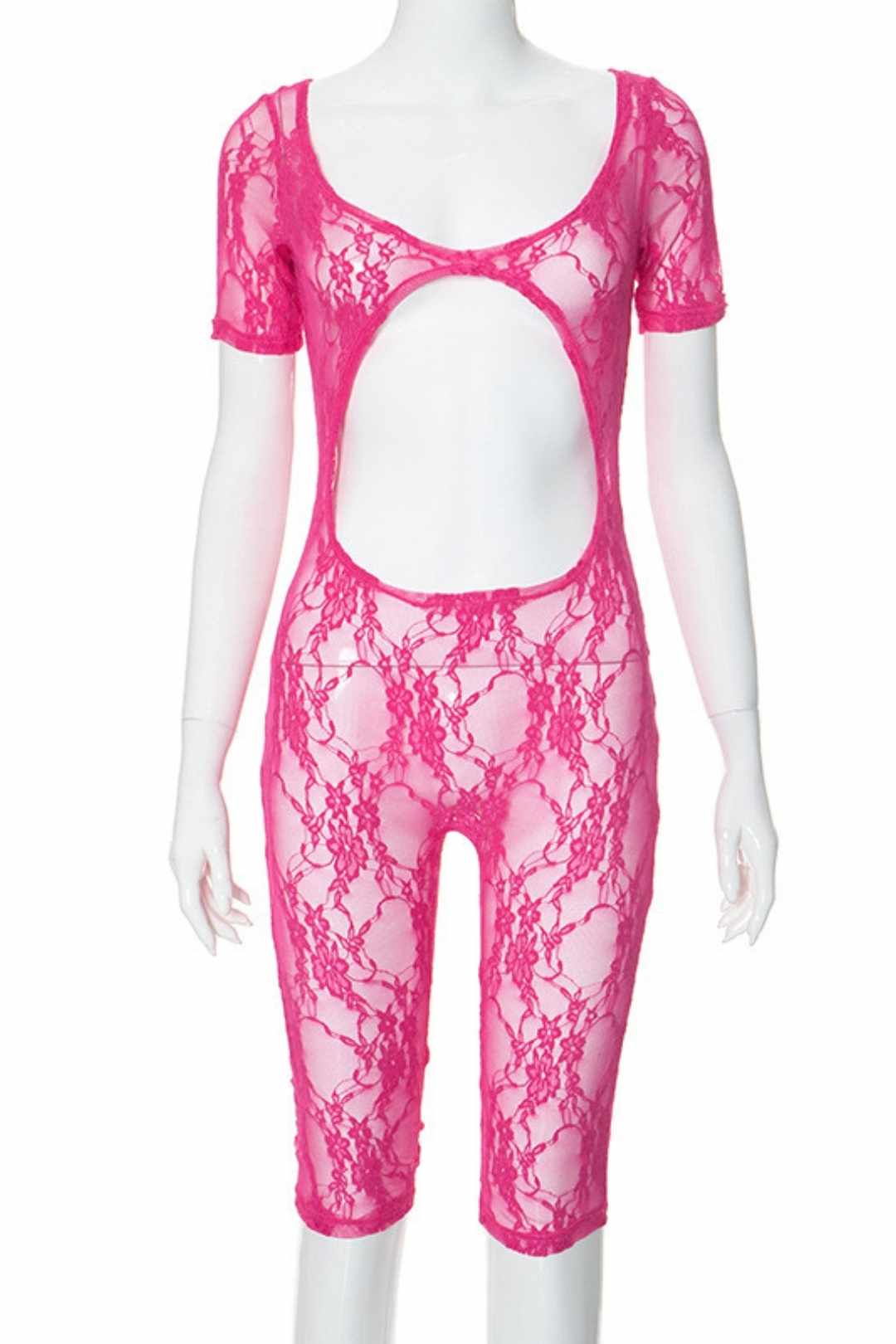 Lace Splicing U-neck Short-sleeved Navel-baring Hollow Jumpsuit 