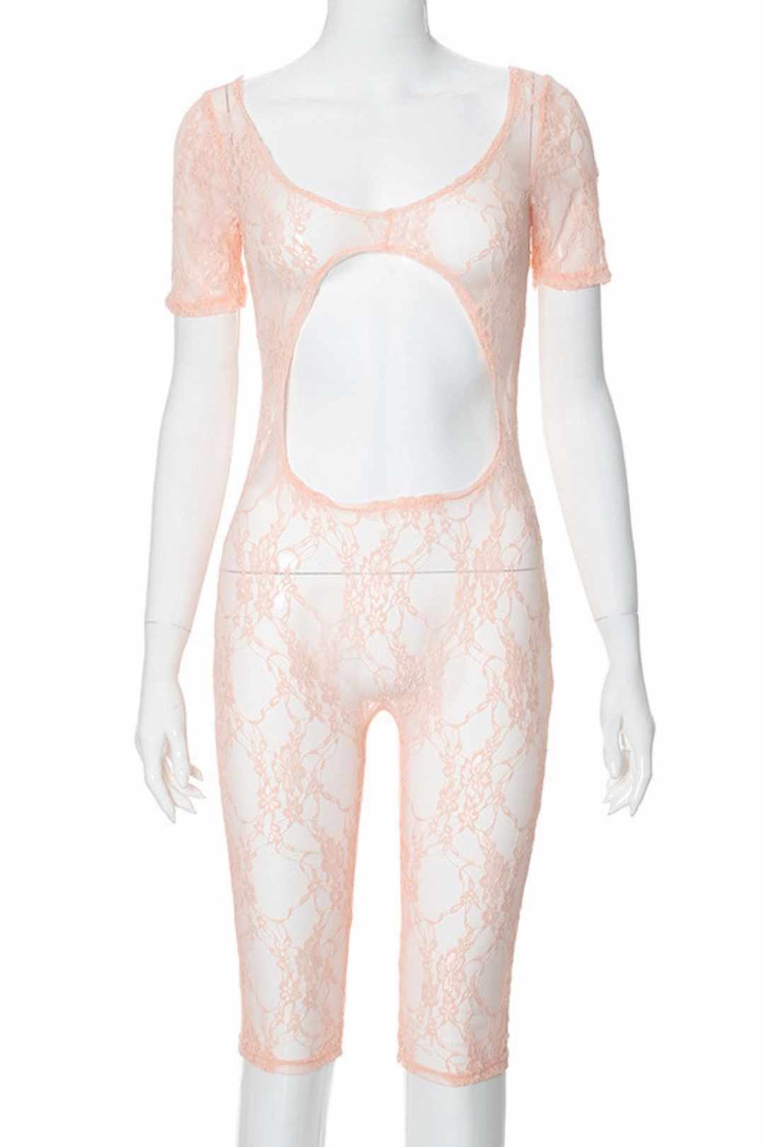 Lace Splicing U-neck Short-sleeved Navel-baring Hollow Jumpsuit 