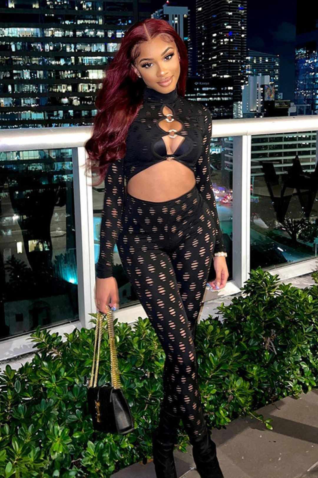 Ripped Holes Hollow Tight Tight Navel Exposed Ring Jumpsuit